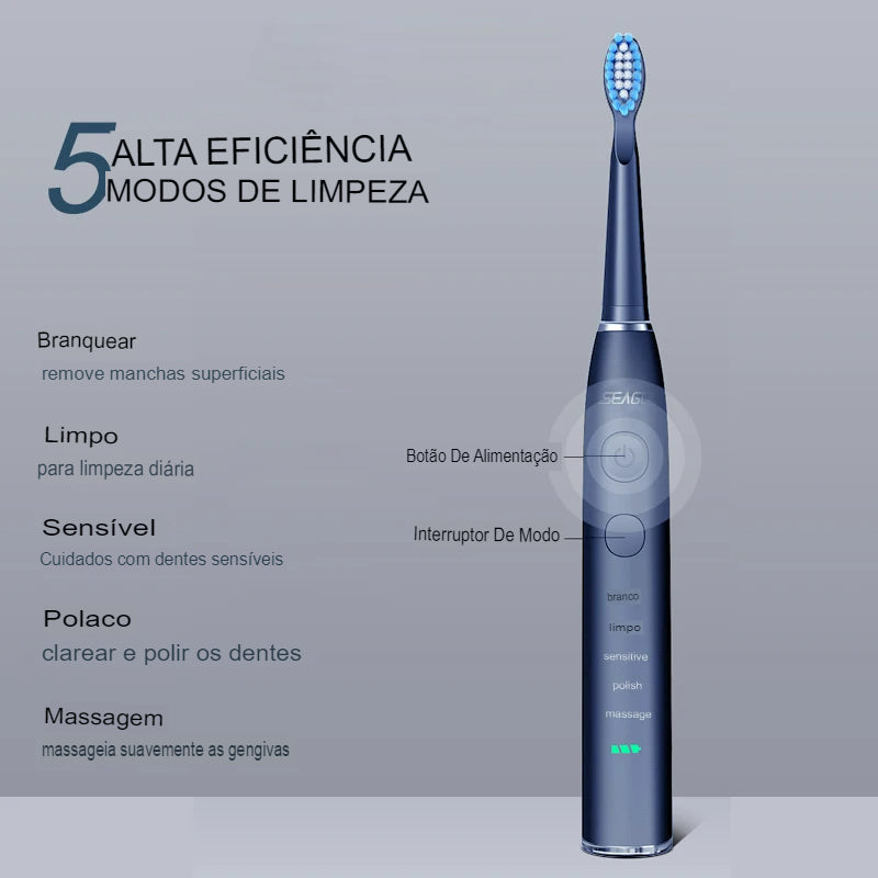 Escova de dentes sónica eléctrica Seago USB recarregável para adultos Bateria de longa duração para 360 dias com 4 cabeças de substituição Presente SG-575