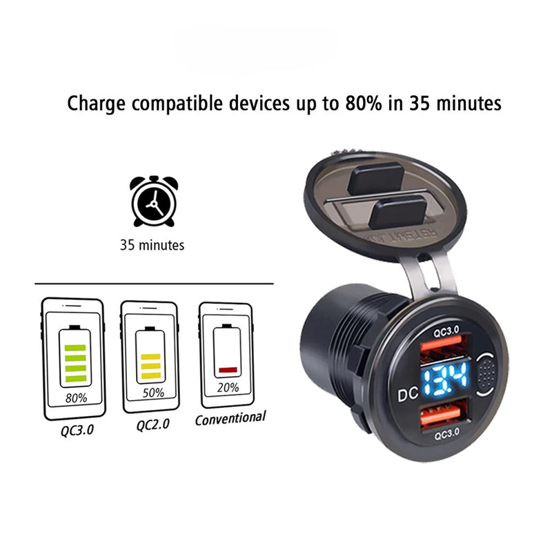 Car Charger QC3.0 Dual USB Cigarette Lighter Socket Waterproof With Voltmeter Switch 12/24V Quick Charge Adapter Car Accessories