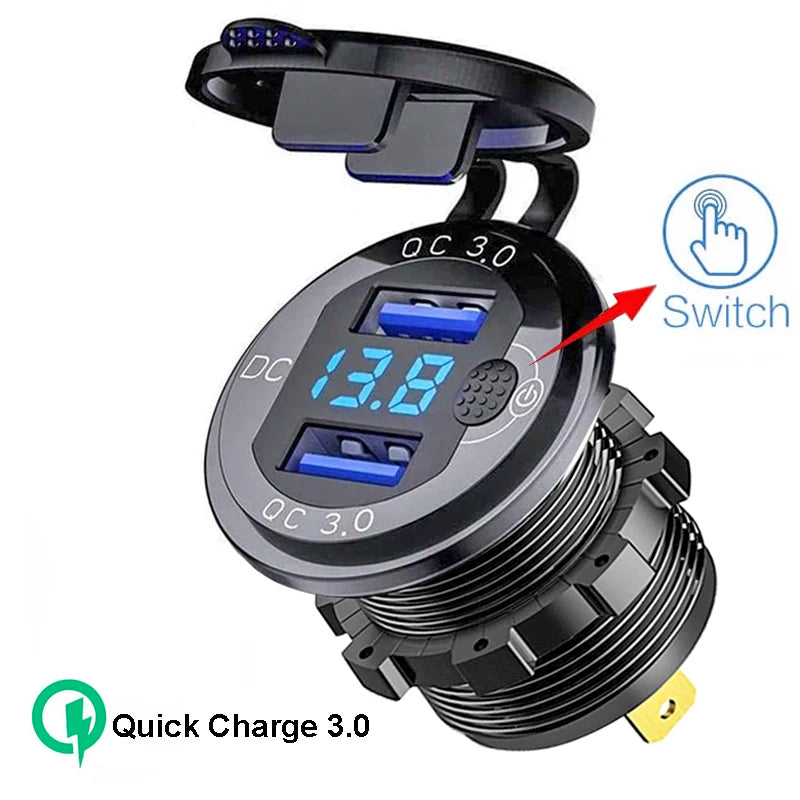 Car Charger QC3.0 Dual USB Cigarette Lighter Socket Waterproof With Voltmeter Switch 12/24V Quick Charge Adapter Car Accessories