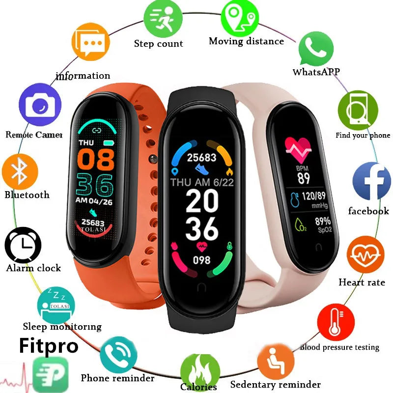 M6 Smart Watch Homens Mulheres Fitness Pulseira Desportiva Pulseira Desportiva Monitor de Pressão Arterial à Prova de Água Relógios Multifunções