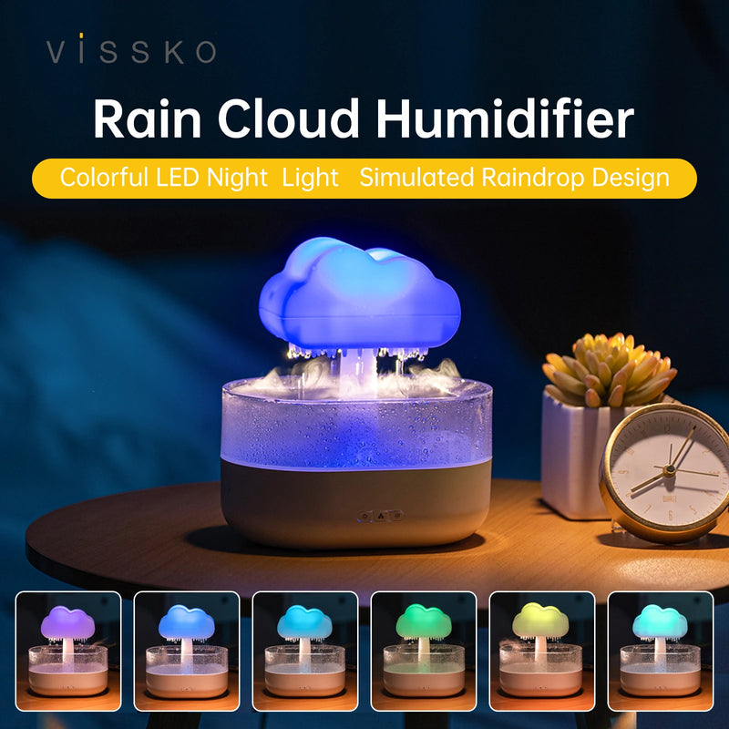 Humidificador de nuvem de chuva 200ML para óleos essenciais Difusor de aromas com gotas de água e luz nocturna colorida Humidificador de cogumelos