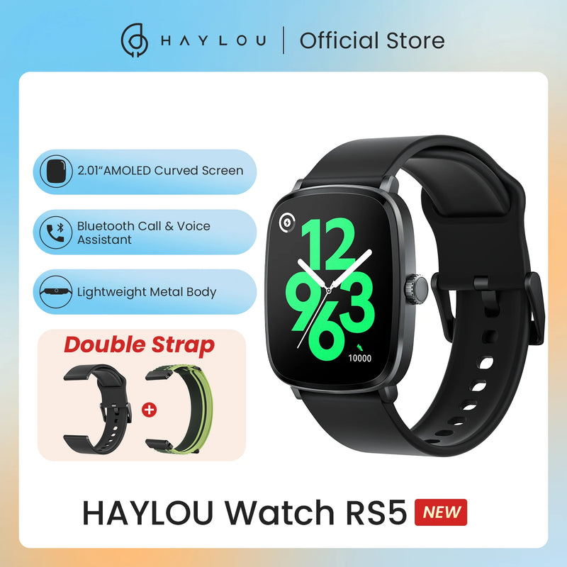 HAYLOU Watch RS5 Smartwatch 2.01'' AMOLED HD Display Bluetooth Chamada Desporto Assistente de Voz Açúcar no Sangue Smartwatch & Double Straps