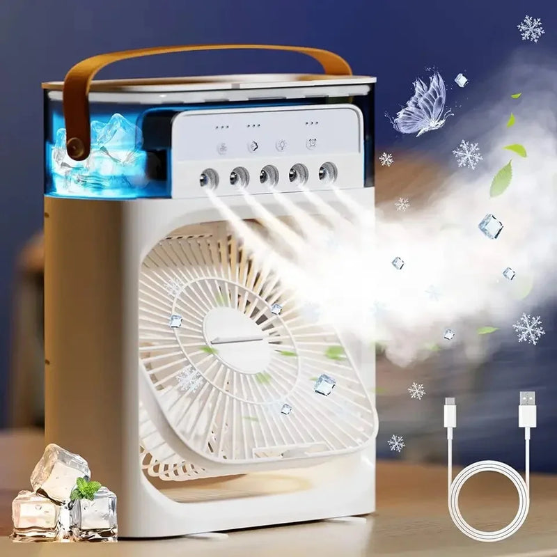 Ventilador Portátil com reservatório de água conduzido por USB 2,0A, potência 5W.