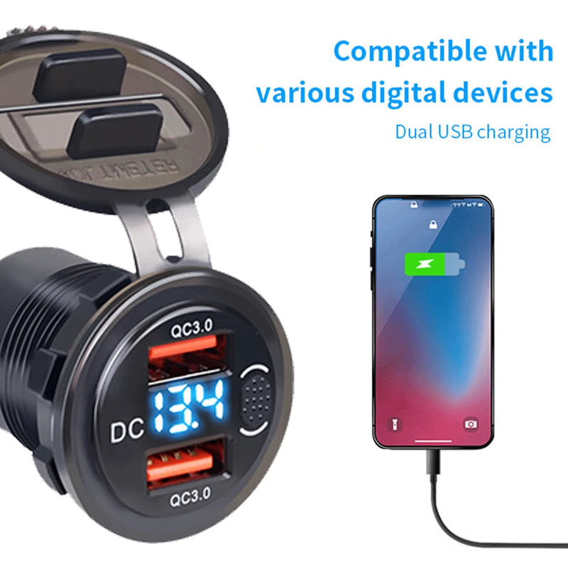 Car Charger QC3.0 Dual USB Cigarette Lighter Socket Waterproof With Voltmeter Switch 12/24V Quick Charge Adapter Car Accessories