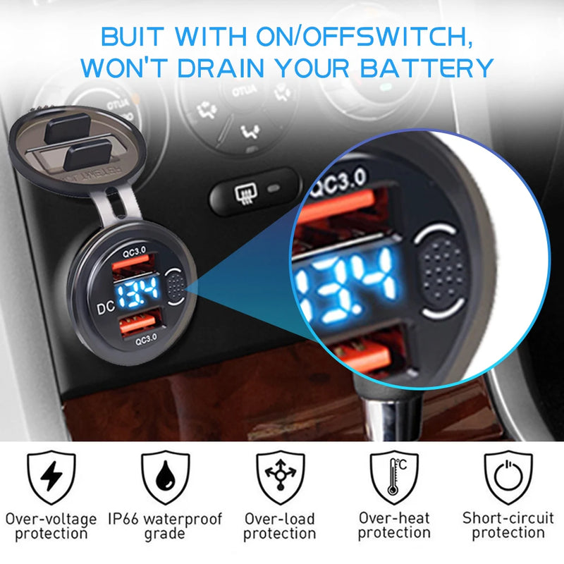 Car Charger QC3.0 Dual USB Cigarette Lighter Socket Waterproof With Voltmeter Switch 12/24V Quick Charge Adapter Car Accessories