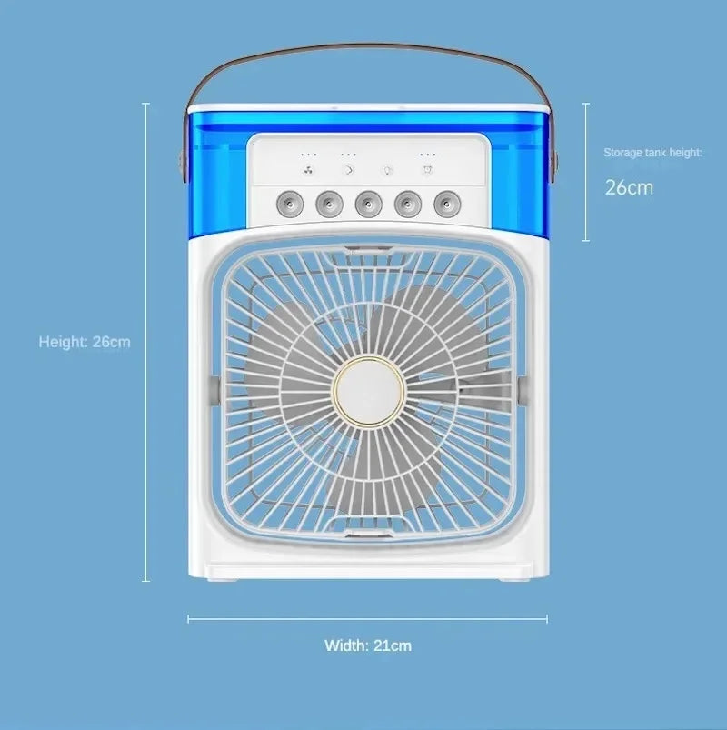 Ventilador Portátil com reservatório de água conduzido por USB 2,0A, potência 5W.