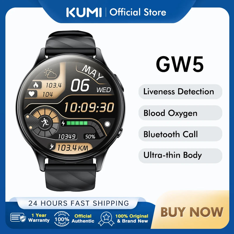 Relógio inteligente KUMI GW5 1,39 polegadas NFC Bluetooth 5.2 100+ Desporto Monitor de oxigénio e de frequência cardíaca à prova de água IP68