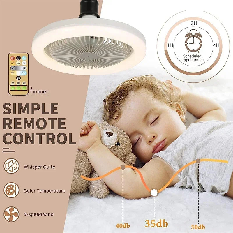 Ventilador de teto inteligente 3 em 1 com controlo remoto e base de iluminação E27 AC85-265V de 3 velocidades para iluminação de quartos e salas de estar