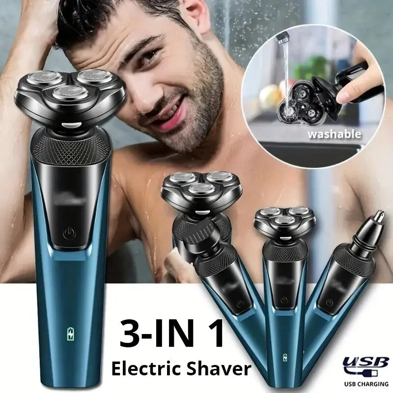 Conjunto de máquinas de barbear 3 em 1 com três cabeças Máquina de barbear eléctrica lavável para homem Máquina de barbear recarregável por USB Cabeça de corte flutuante Presentes de barbear para homem