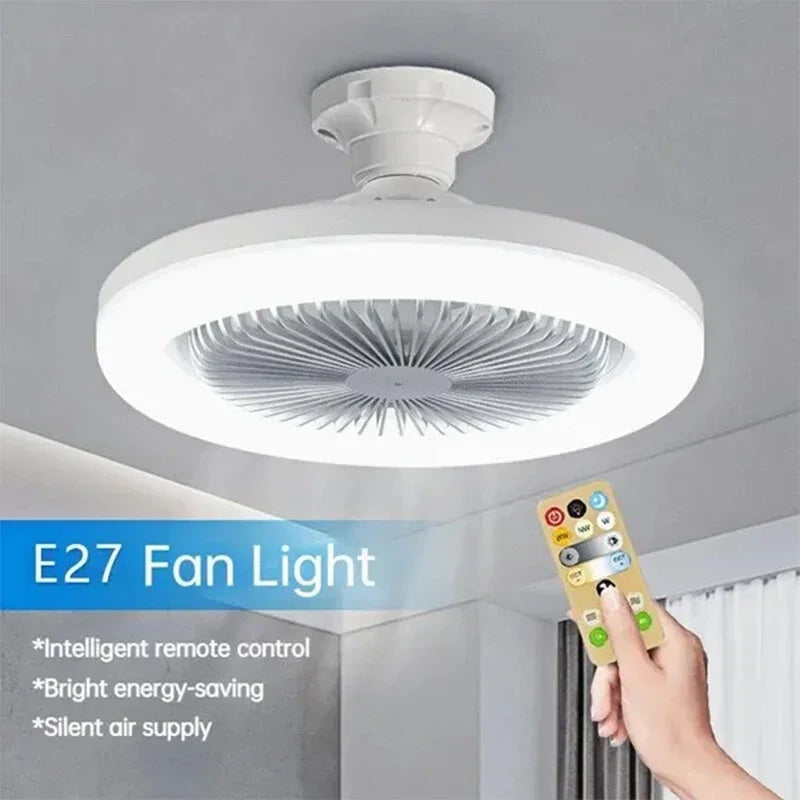 Ventilador de teto inteligente 3 em 1 com controlo remoto e base de iluminação E27 AC85-265V de 3 velocidades para iluminação de quartos e salas de estar