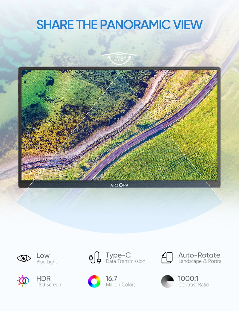 ARZOPA 14.0'' 1080P FHD IPS Ultrathin Monitor Portátil com USB C HDMI Segundo Ecrã Externo para Mac, Portátil, PC, Switch, PS, Xbox