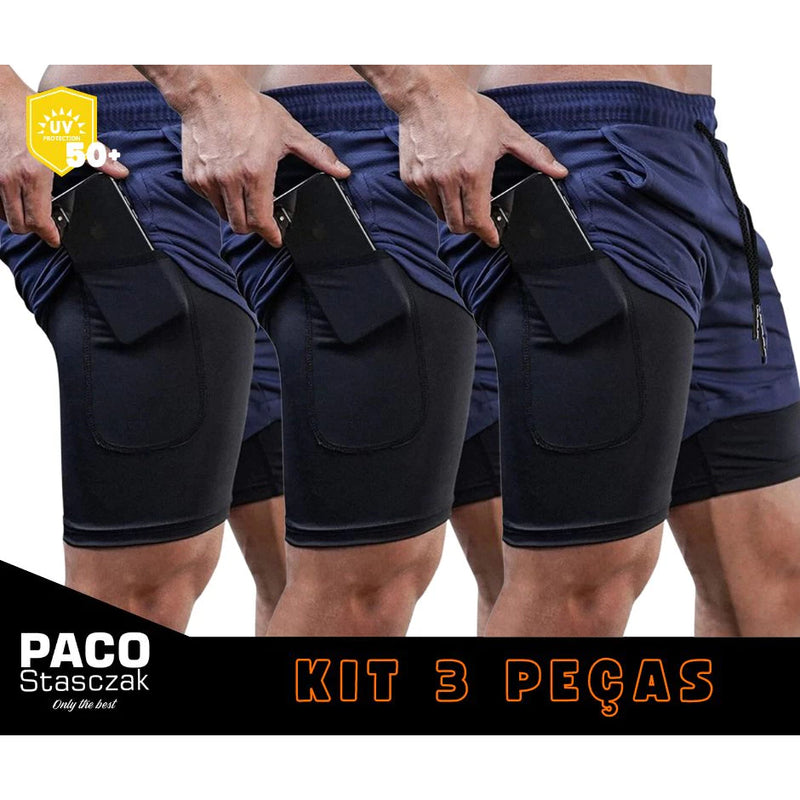 KIT 3 SHORT 2 EM 1 DUPLO PARA TREINO, ACADEMIA, CORRIDA ESPORTIVO DRYFIT COM PROTEÇÃO UV