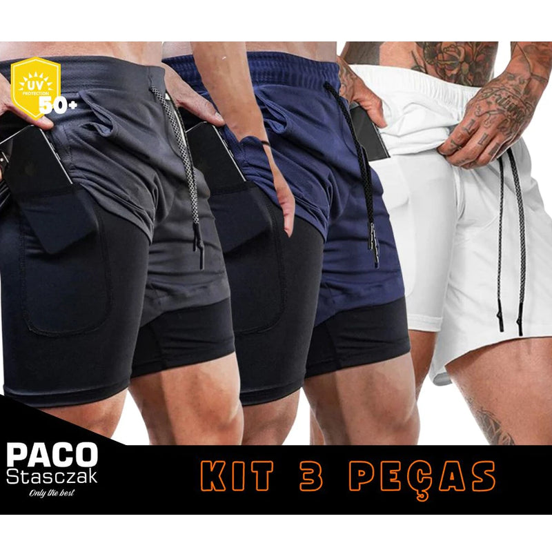 KIT 3 SHORT 2 EM 1 DUPLO PARA TREINO, ACADEMIA, CORRIDA ESPORTIVO DRYFIT COM PROTEÇÃO UV